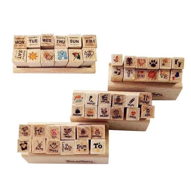 12pcs/Set Vintage Weather Diary Stamps DIY Wooden Assorted Stamps for Scrapbooking Stationery School Supplies