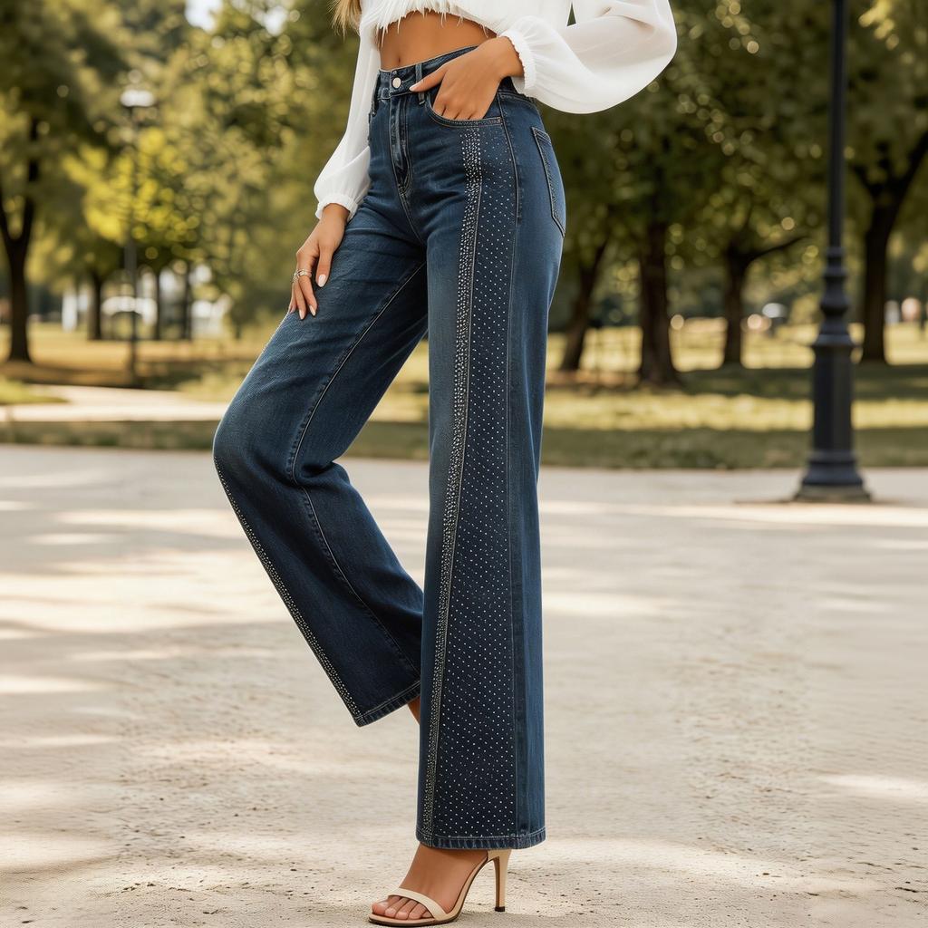 Damen Jeans mit weitem Bein und Verzierungen Lässige lockere Denim-Hose