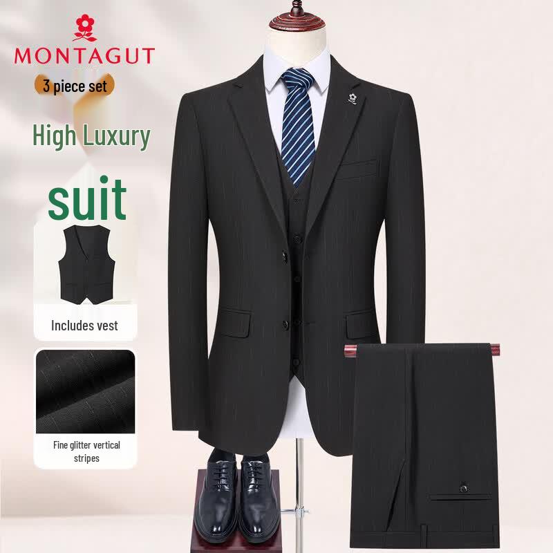 

MONTAGUT Men s Fine Stripe Three-Piece Suit with Vest 50