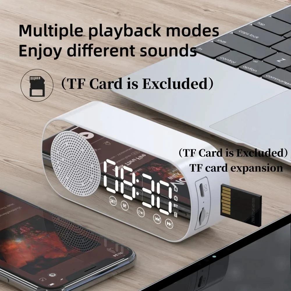 Mini Mirror Digital Alarm Clock Timer Dual Alarms FM Radio Wireless Speaker Subwoofer LED Clock for Desktop Home Decor