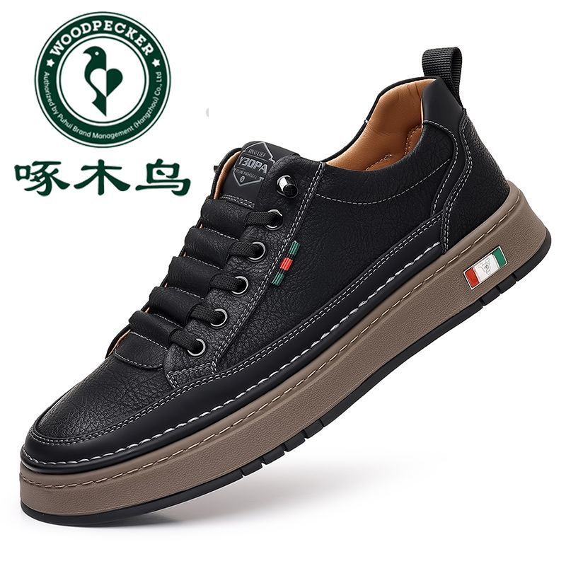 

Мужская обувь Hy Woodpecker 2024 года, осень, новые кожаные дышащие повседневные туфли с мягкой подошвой, универсальные туфли для сноуборда с мягкой подошвой, мужские кожаные 38 чёрный