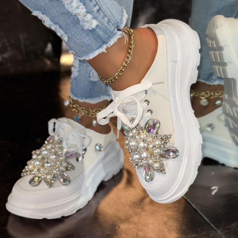 Summer New Sports Shoes Fashionable Women's Lace-up Casual Shoes Medium Heel Breathable Rhinestone White Shoes Half Slippers