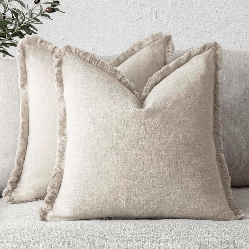 Fundas de Cojín Decorativas de Lino Verde Oliva con Flecos Estilo Boho Granja con Borlas Funda de Cojín para Sofá Sala de Estar 18×18 Pulgadas