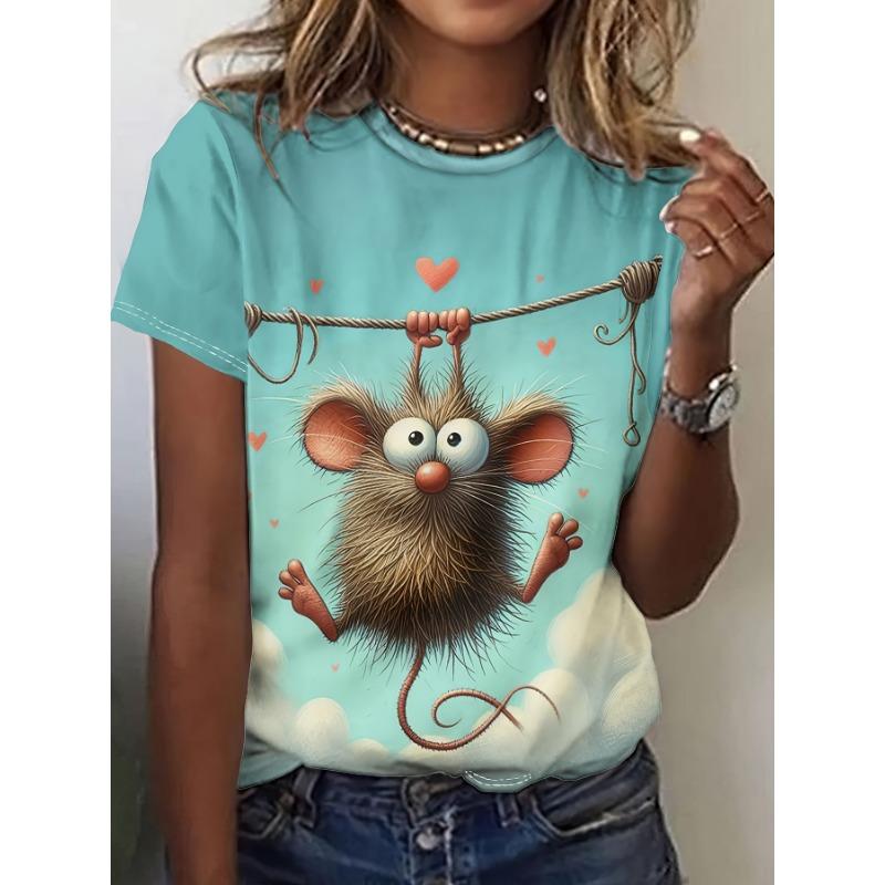 

Ladies turquoise cute mouse print T-shirt - short sleeved round neck top with pink heart shape, casual spring and summer shirt XL