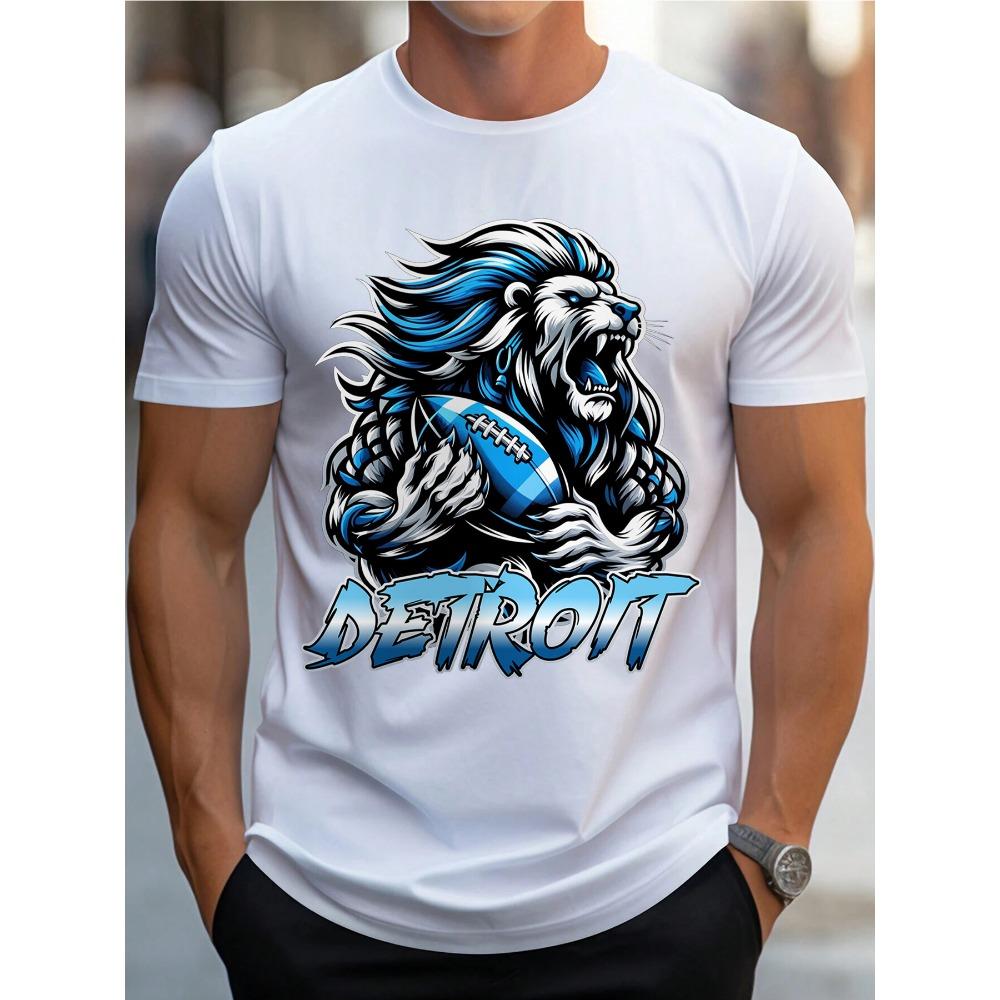 ZX Tee Detroit Football Lion Print T Shirt Tees for Men Casual Short Sleeve T-shirt for Summer Solid Color Cotton Comfort