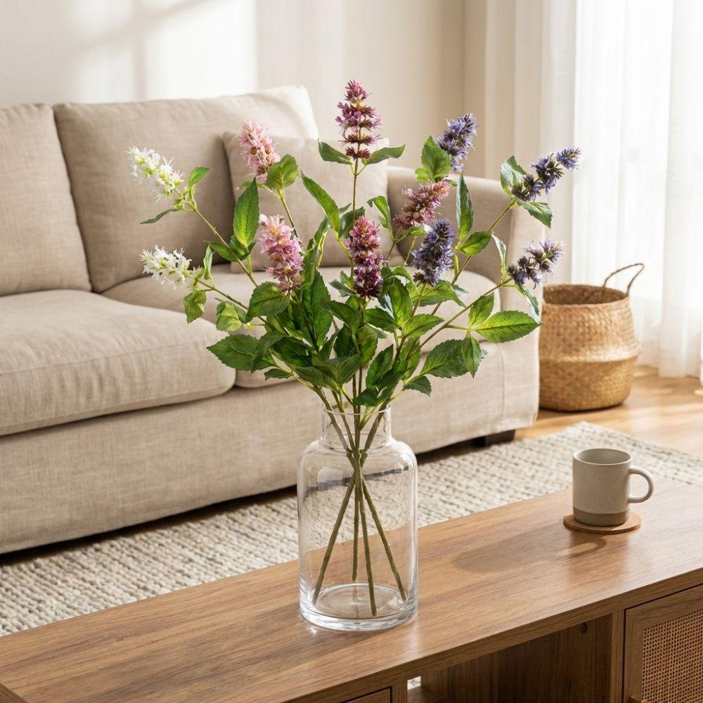 3 Head Artificial Pogostemon Stem Spike Flower Simulation Pogostemon Silk Faux Flower  Table Decor