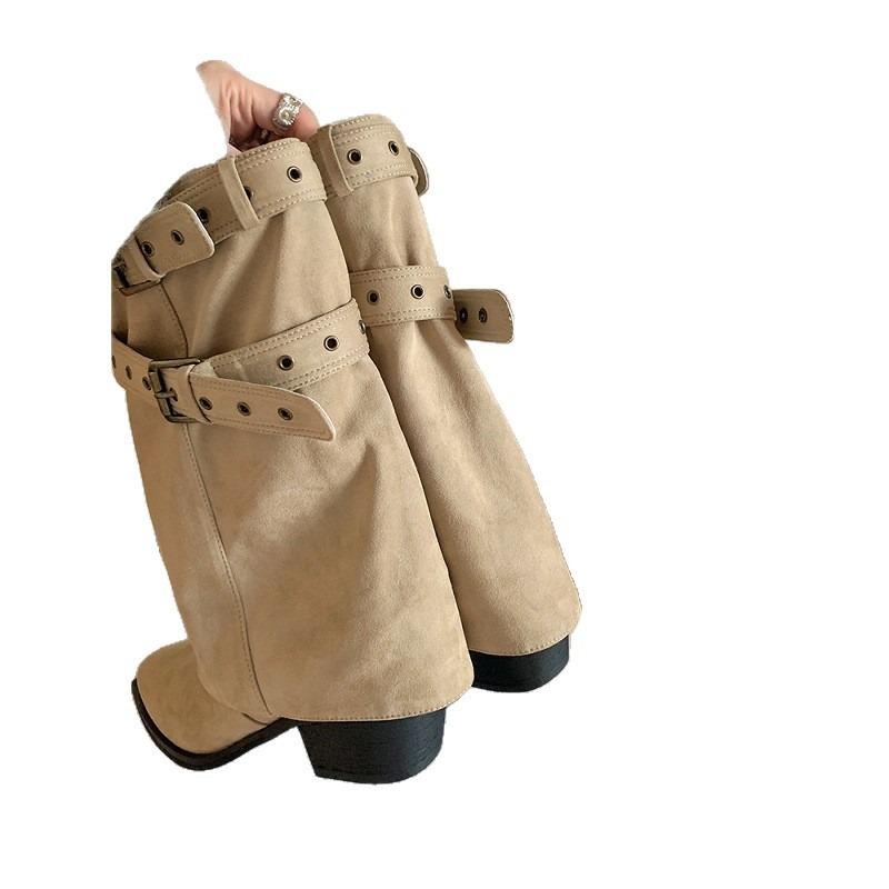 Cowhide version~ Danish trouser boots pointed buckle thick heel desert cowboy boots stacked short boots women's western boots