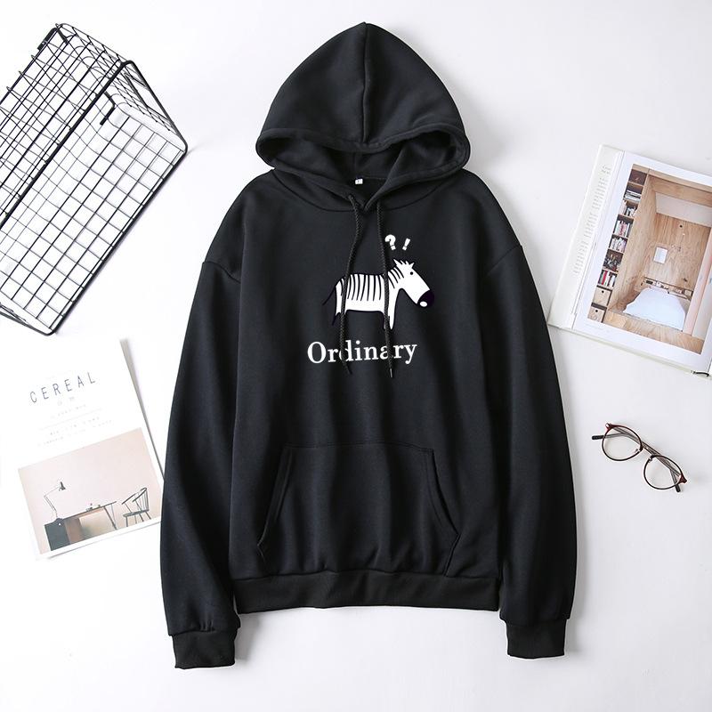 

Осень Зима Женский Большой Размер Оверсайз Пуловер С Капюшоном Женский Худи с Длинным Рукавом с Принтом Зебры L чёрный