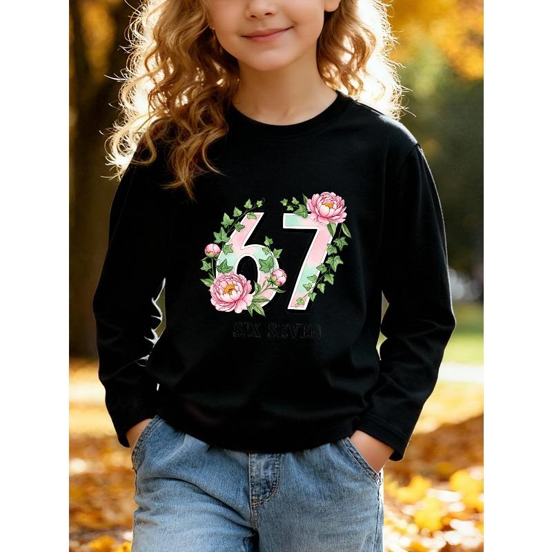 Kids Unisex Crewneck Sweatshirt, Watercolor Pink Peony Ivy Gradient 67 SIX SEVEN Print Long Sleeve Pullover, Soft Sweatshirts for Boys Girls Ages 4+