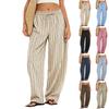 Women's Striped Straight Leg Pants with Side Pockets – Elastic Waistband Loose Fit – Linen Cotton Casual Everyday Pants