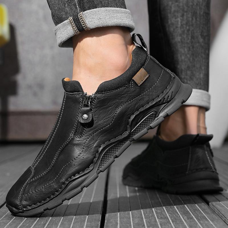 Men's Low-top Leather Shoes Zipper Casual Sneakers Plus Size 39-46