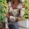 Women's Winter Slim-Fit Base Layer T-Shirt Fashionable Christmas Print V-Neck Pullover Long-Sleeved Top