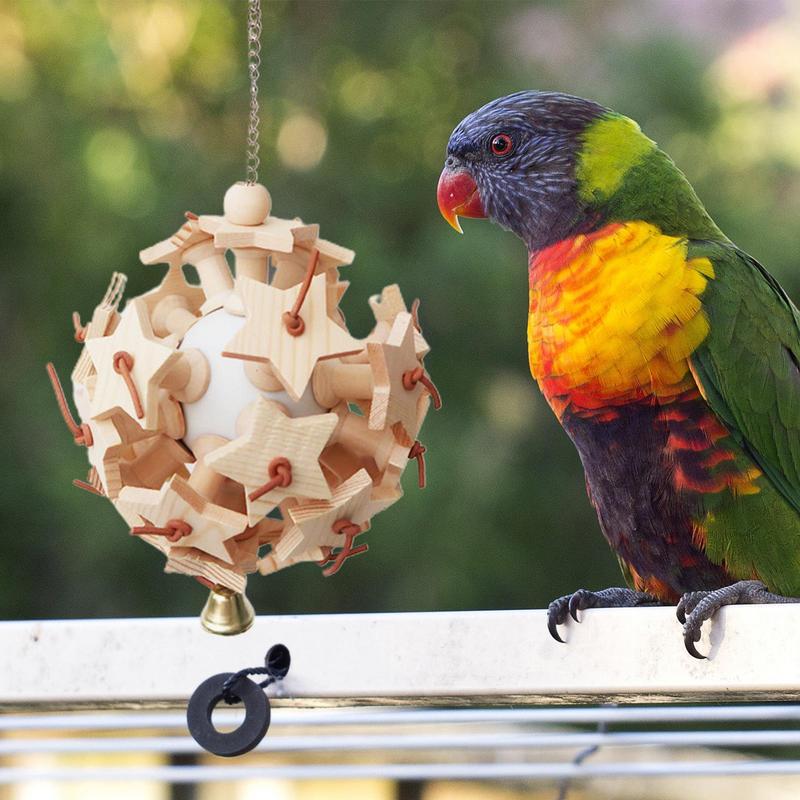 Bird Toys Wooden Blocks Wood Stars Leather Toy Bird Chewing Teether Parrot Cage Bite Activities Wear Resistant For Large Macaws