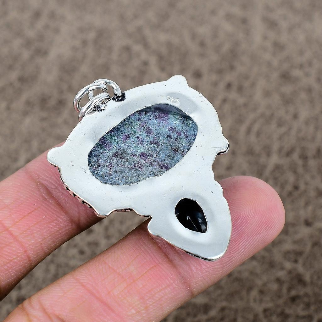 Ruby Fuchsite, Iolite Gemstone 925 Sterling Silver Jewelry Pendant 2.05" KKG-316