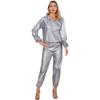 Unisex PVC Sports Suit Long Sleeve Zipper Hooded Top Elastic Waistband Pants Fitness Workout Outfits