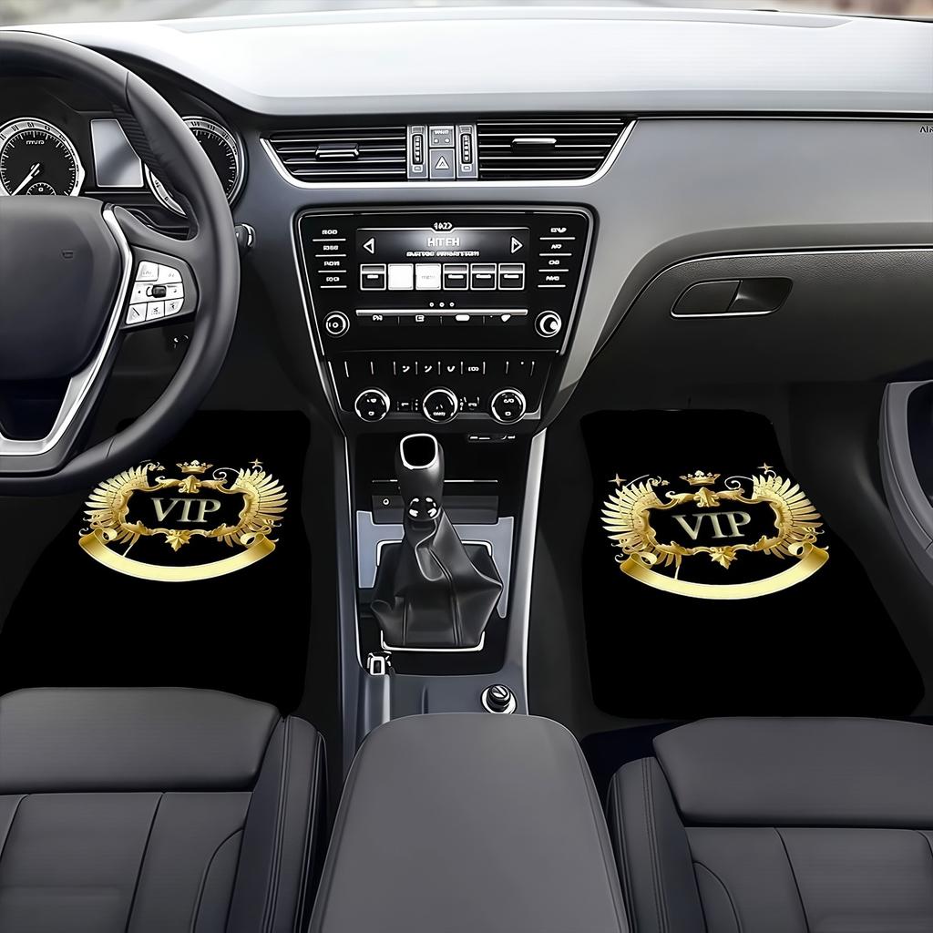 4pcs Car Floor Mat Set with Trendy Crown VIP Pattern Print, Size - Non-Slip Backing, Easy to Clean, Car Interior Accessory