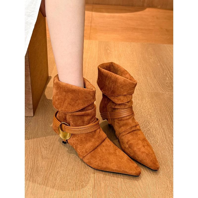 Fashion New European and American Suede Pleated Slip-on Metal Buckle Two-way Fashion Women's Mid-calf Boots