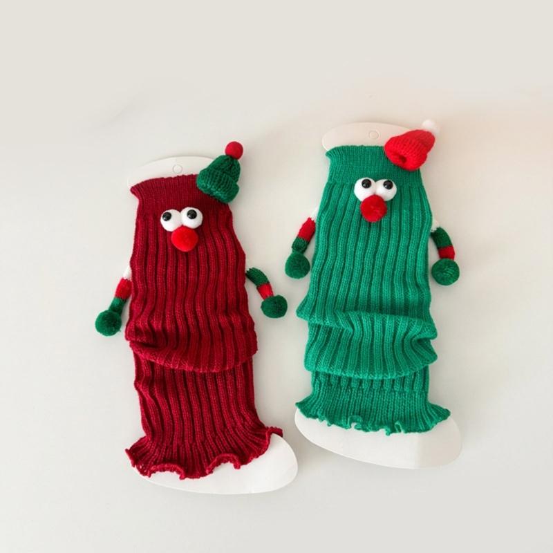 Christmas Holiday Leg Covers 3D Santa Hat Doll Magnetic Hand Holding Leg Warmers Socks with Big Curious Eyes for Women