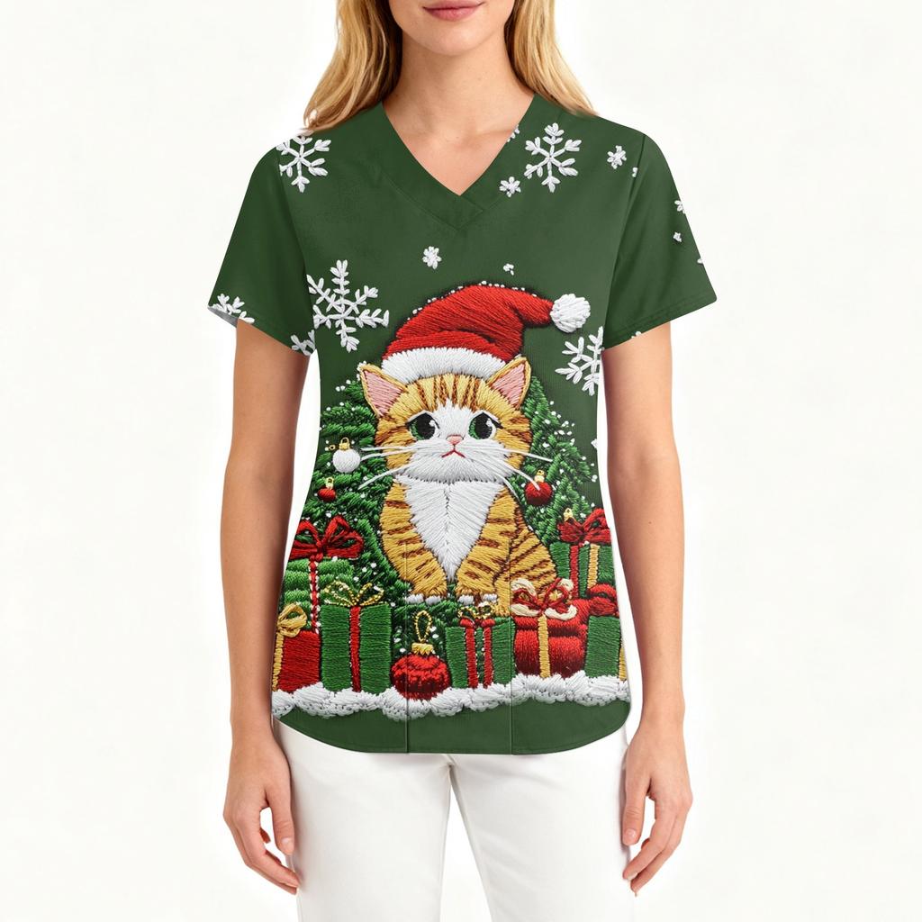 Damen Modische V-Ausschnitt Arbeitskleidung Weihnachten Bedruckt Kurzärmlig Tasche Seitenschlitz Arbeitskleidung Basic Pullover Top