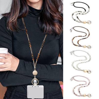 Natural Stone Faux Crystal Card Holder Adjustable ID Lanyard Women Handmade Beaded Badge Holder Lanyard