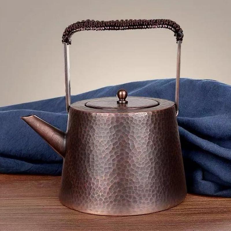 Outdoor Vintage Copper Coffee Kettle,Handcrafted Hammer Texture Weave With lid Handheld Camping Pot,Heat Resistant Filter Teapot