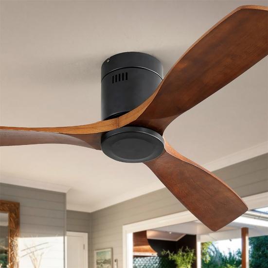 Ventilador de Teto de Perfil Baixo de 52 Polegadas Corrente Contínua 3 Pás de Madeira Esculpida Motor Reversível Silencioso Controle Remoto Sem Luz