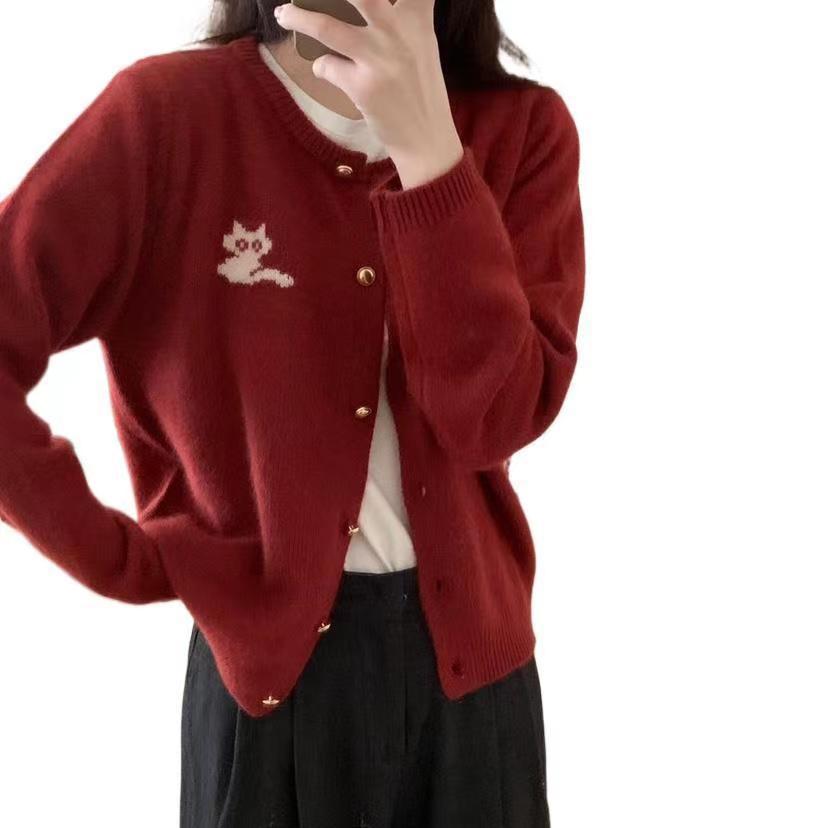 Grey Round Neck Wool Cardigan Jacket for WomenLoose Kitten Knitted Sweater Short Style