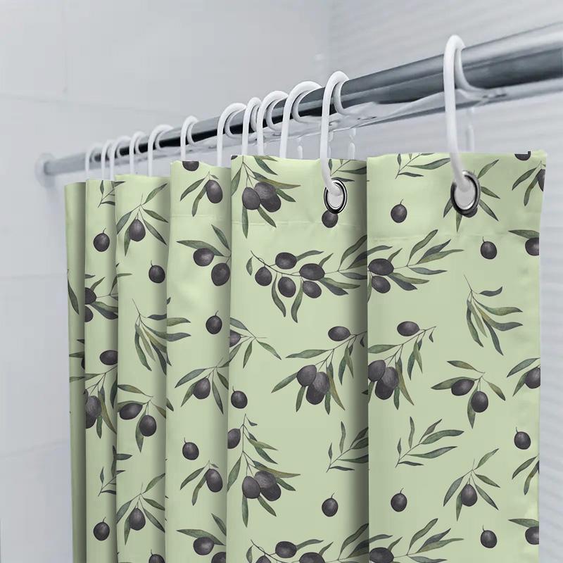 Vintage Bath Shower Curtain With Olive Branches Pattern Home Decor Item For Kitchen Or Bathroom Green Black Colors