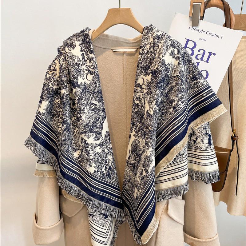 Warm Thick Wool-Blend Scarf With Tassels Soft Faux Cashmere Square Shawl Women Winter Office Daily Wear