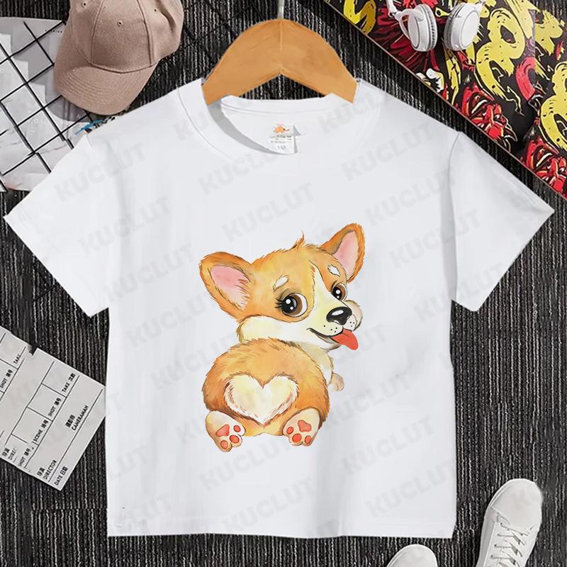Sommer Kinder Top Corgi Print Kinder Kurzarm T-Shirt Mädchen Geburtstags T-Shirts Jungen Kleidung Lässiges O-Ausschnitt Shirt für Kind