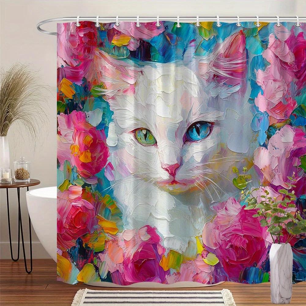 

White Cat With Green Eyes & Floral Swirl Shower Curtain, Pink-Red-Purple,Machine Washable,Unique Cat Lover Gift, Bathroom Decor W60H190(CM)-1 Pcs