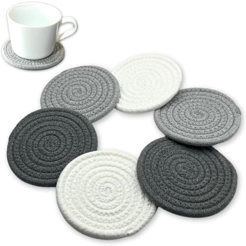 HINH Coasters, Absorbent Coasters, Natural Cotton, Super Absorbent, Heat Resistant, Set of 6, 11cm Diameter, Thick Round, Handwoven Cotton Tea Pads, I