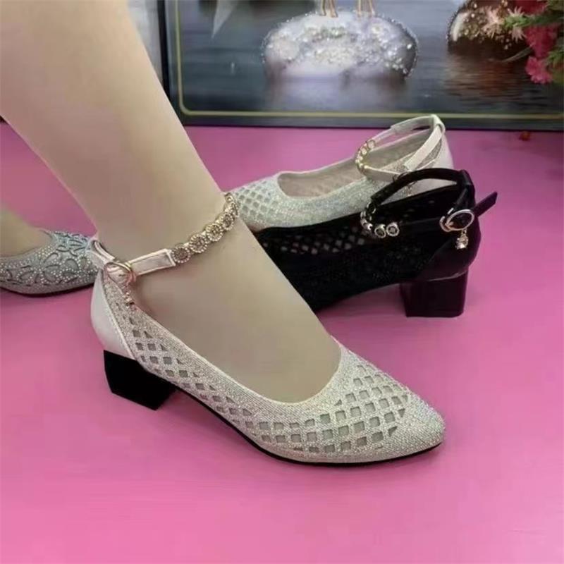 Soft Leather Mesh Shoes Hollow New Black Sandals Middle Heel Soft Sole Thick Heel Single Shoes