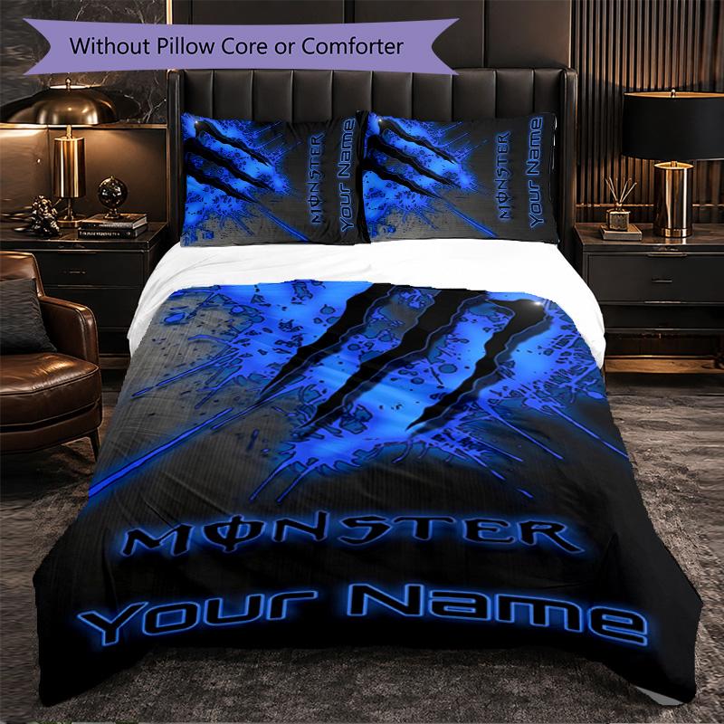 Monster Energy Customized Name Text Bedding Set, 1 Duvet Cover & 2 Pillowcases Personalized Bedroom Gift