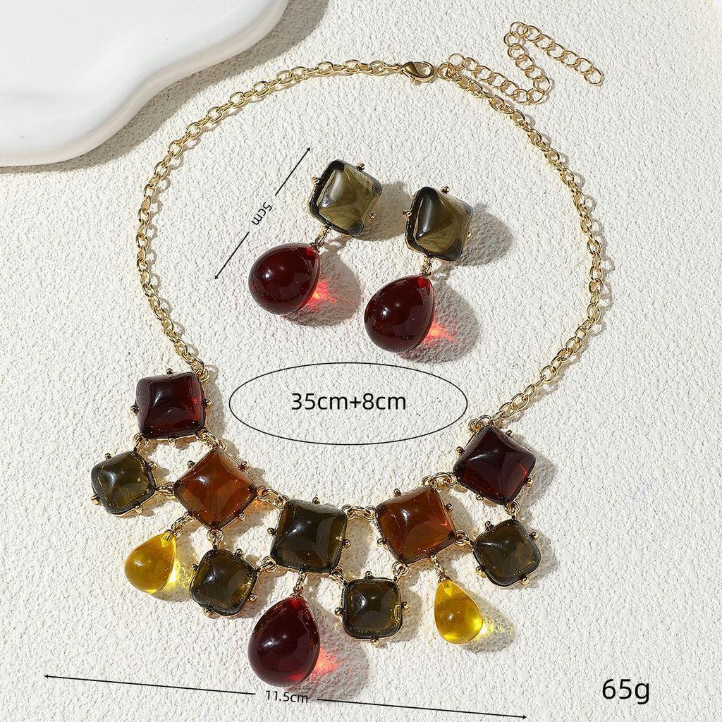Artistic Retro Square Jewelry Set: Simple, Elegant, Translucent Earrings & Necklaces In Hong Kong Style.