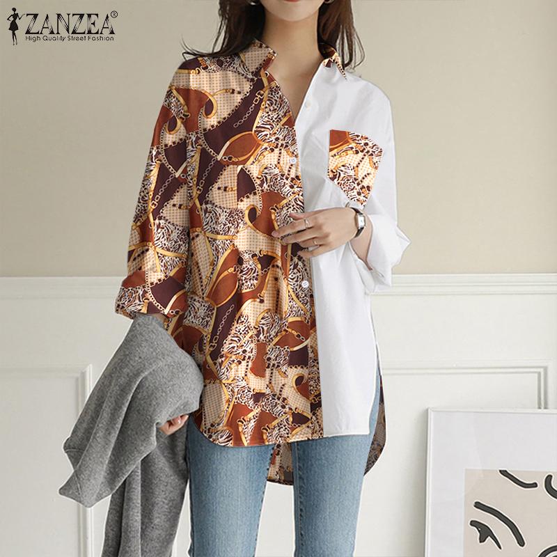 

ZANZEA Печать Пэчворк Повседневный откидной воротник Блузка с длинным рукавом