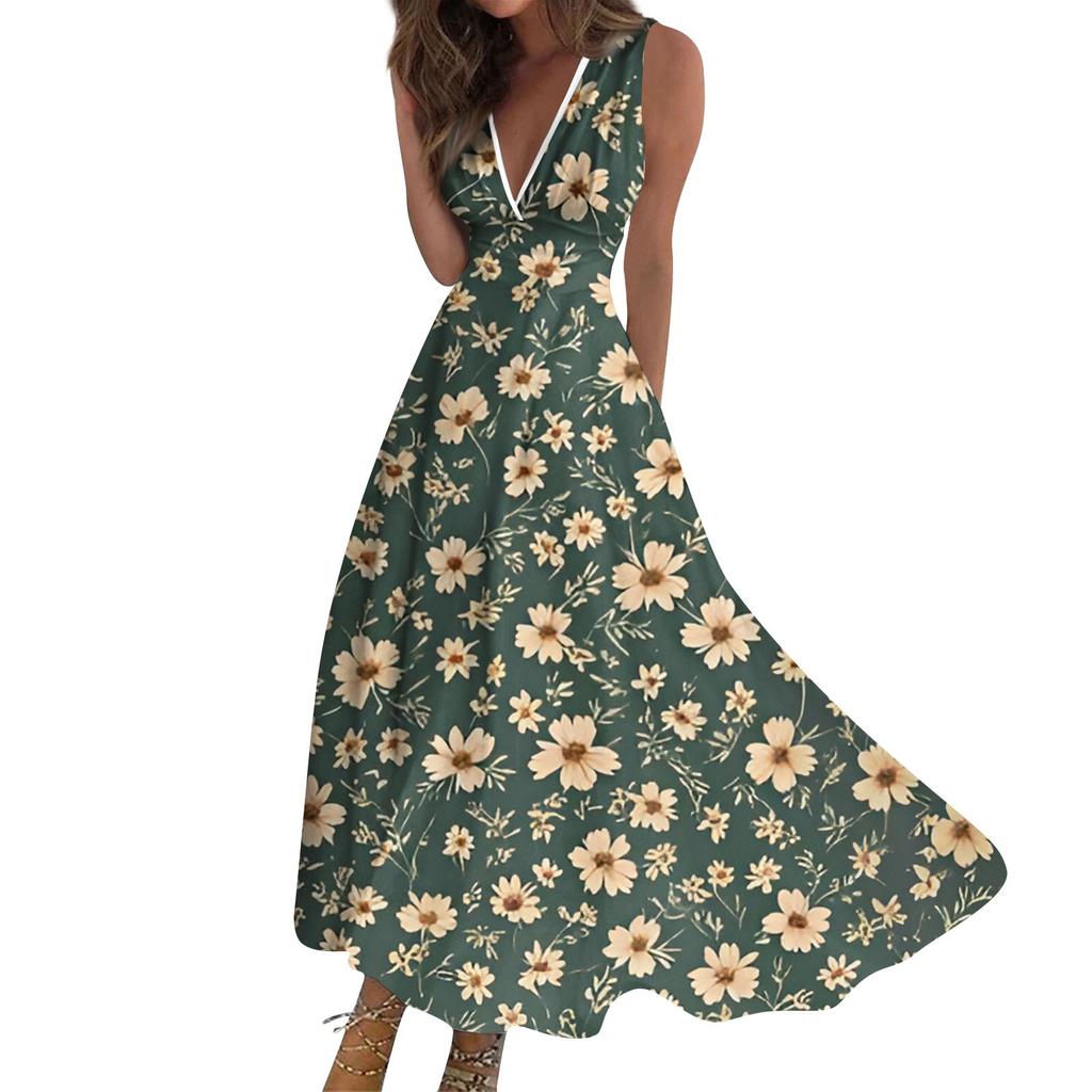 Women's Fashion Summer Small Floral V-Neck Sleeveless Tunic Casual Dresses