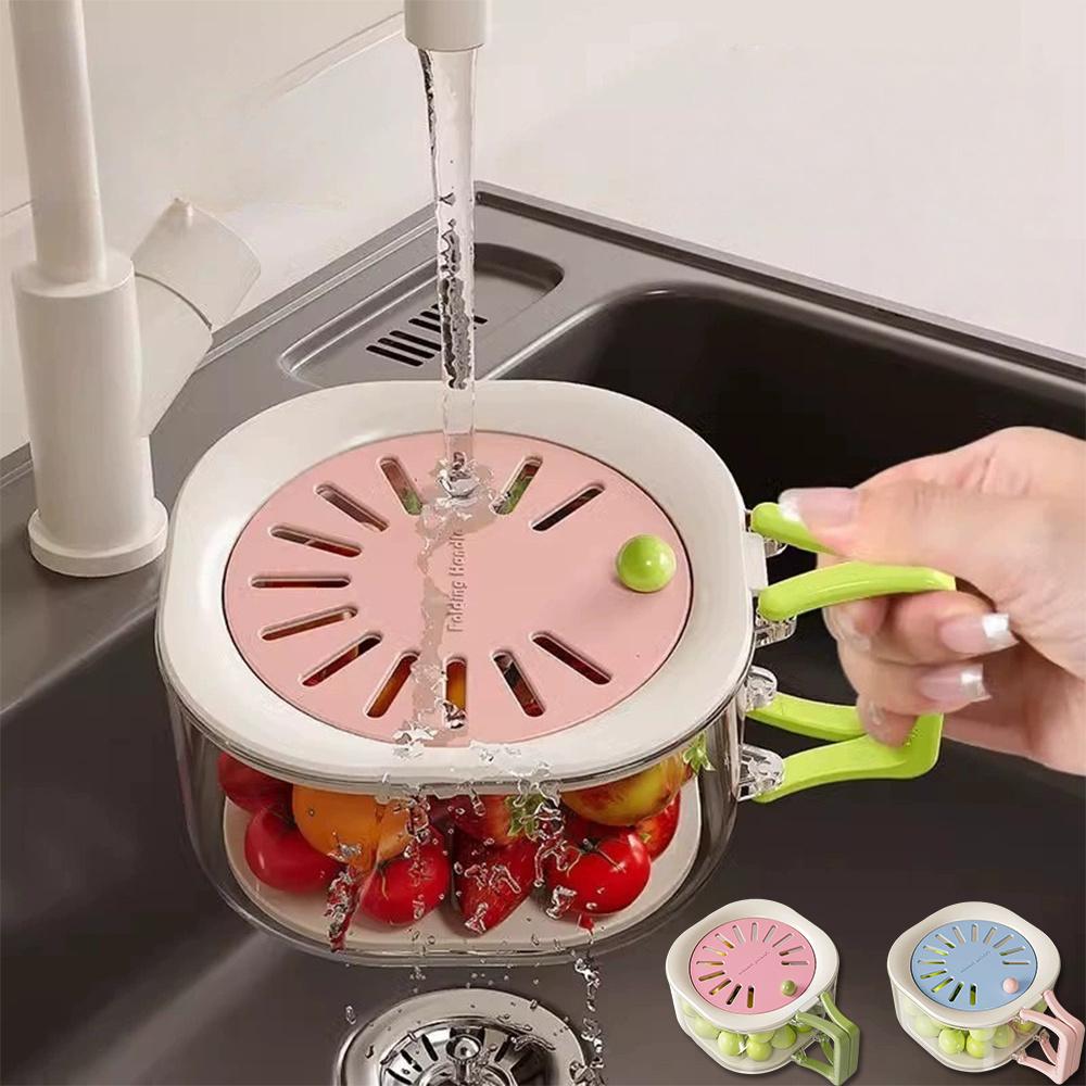 Home Multifunctional 2-In-1 Thick Drain Basket With Lid Hidden Foldable Handle. Washable Fruits And Vegetables. Easy To Clean