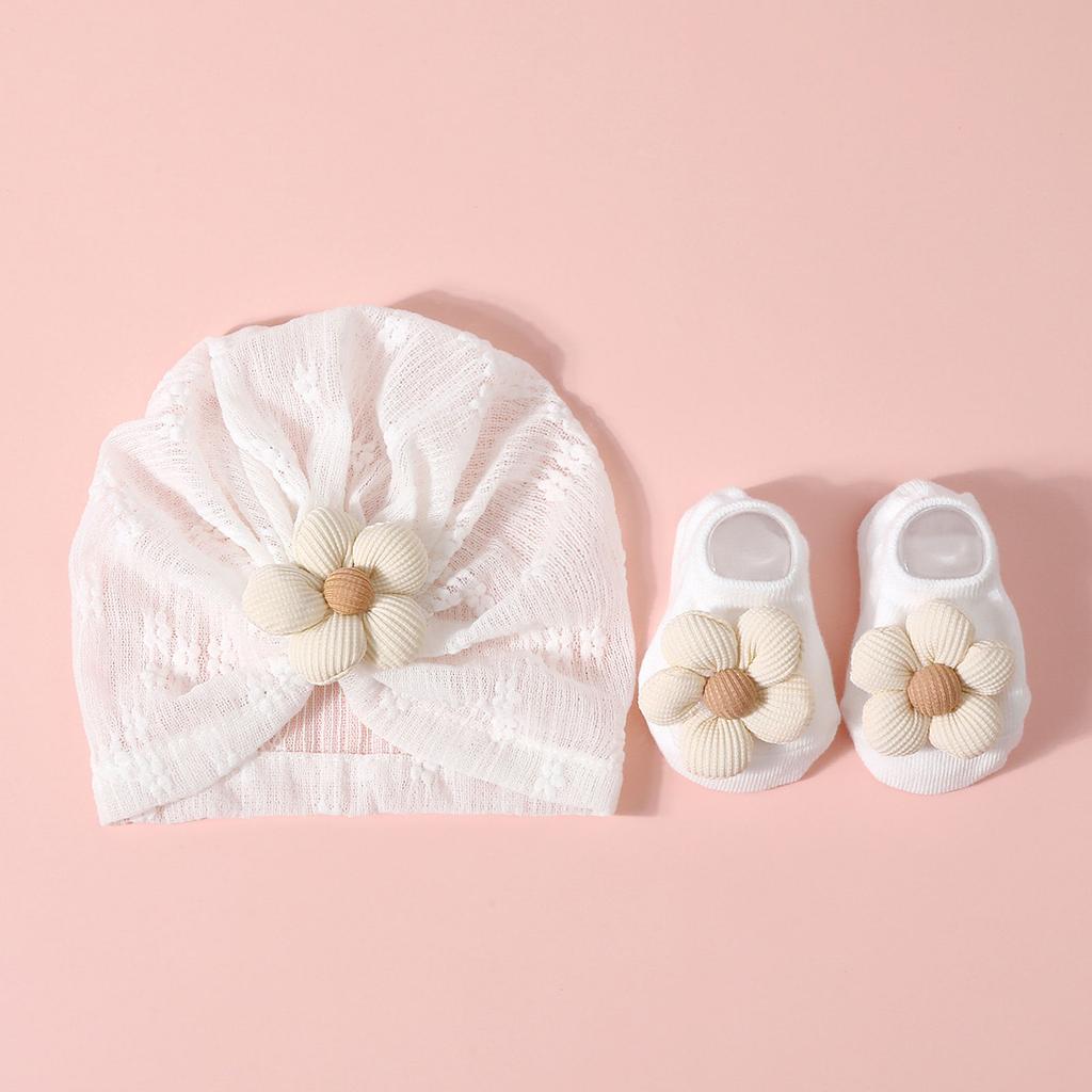 Pudcoco Baby Mädchen Turbanhut und Socken Atmungsaktiv Neugeboren Blumen Kopfwickel Mütze für Säugling Kleinkind Pography Requisiten