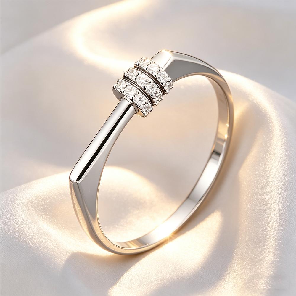 Kupferfarbener drehbarer Zirkonring für Damen, Minimalistischer dreireihiger CZ-Verlobungsring, Angst-Fidget-Spinner-Band, Mode für den Alltag 8 white