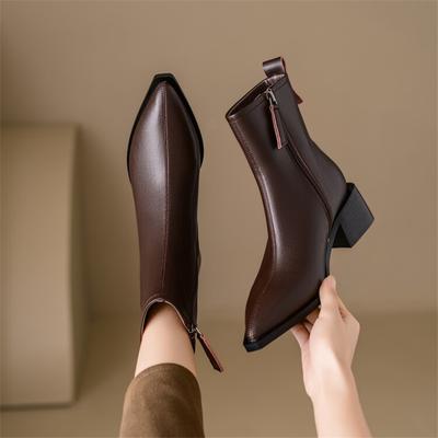 Fashion New Autumn Winter Cow Leather Women Boots Fashion Pointed Toe Knight Boots for Women Short Boots Women Chunky Heel Botas Mujer