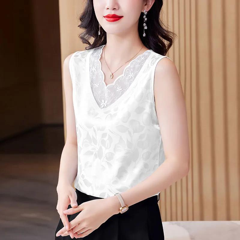 WTEMPO Large Size Satin Jacquard Camisole Vests for Women Spring Summer Solid Color Loose Lace Patchwork Sleeveless Tops