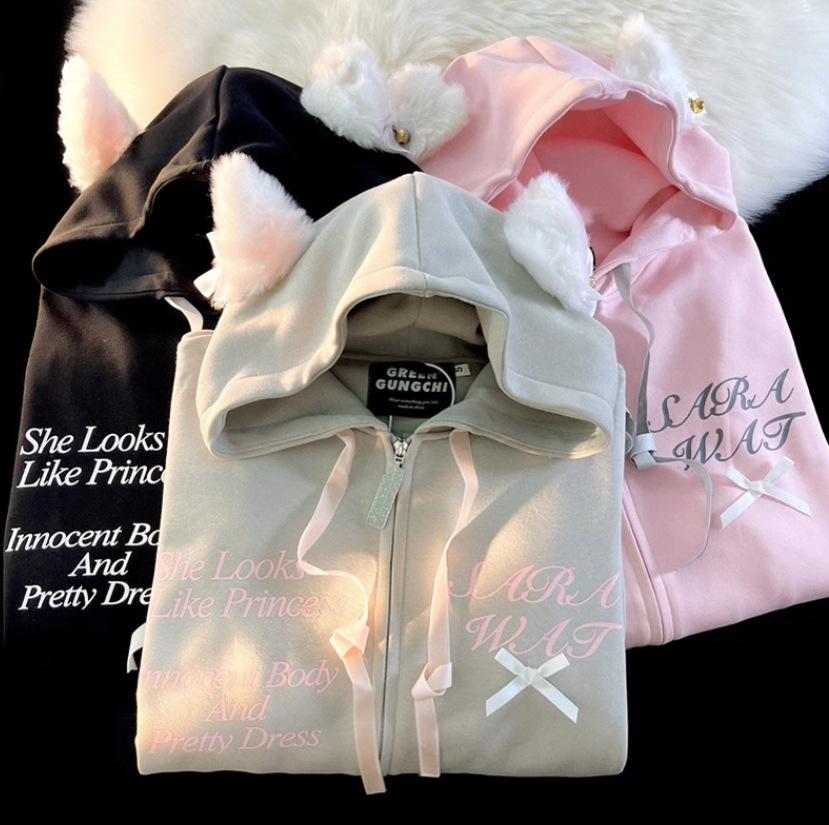 American sweet and cool wind cat ears hooded sweater women's spring and autumn 2025 design sense niche lazy chic couple coat