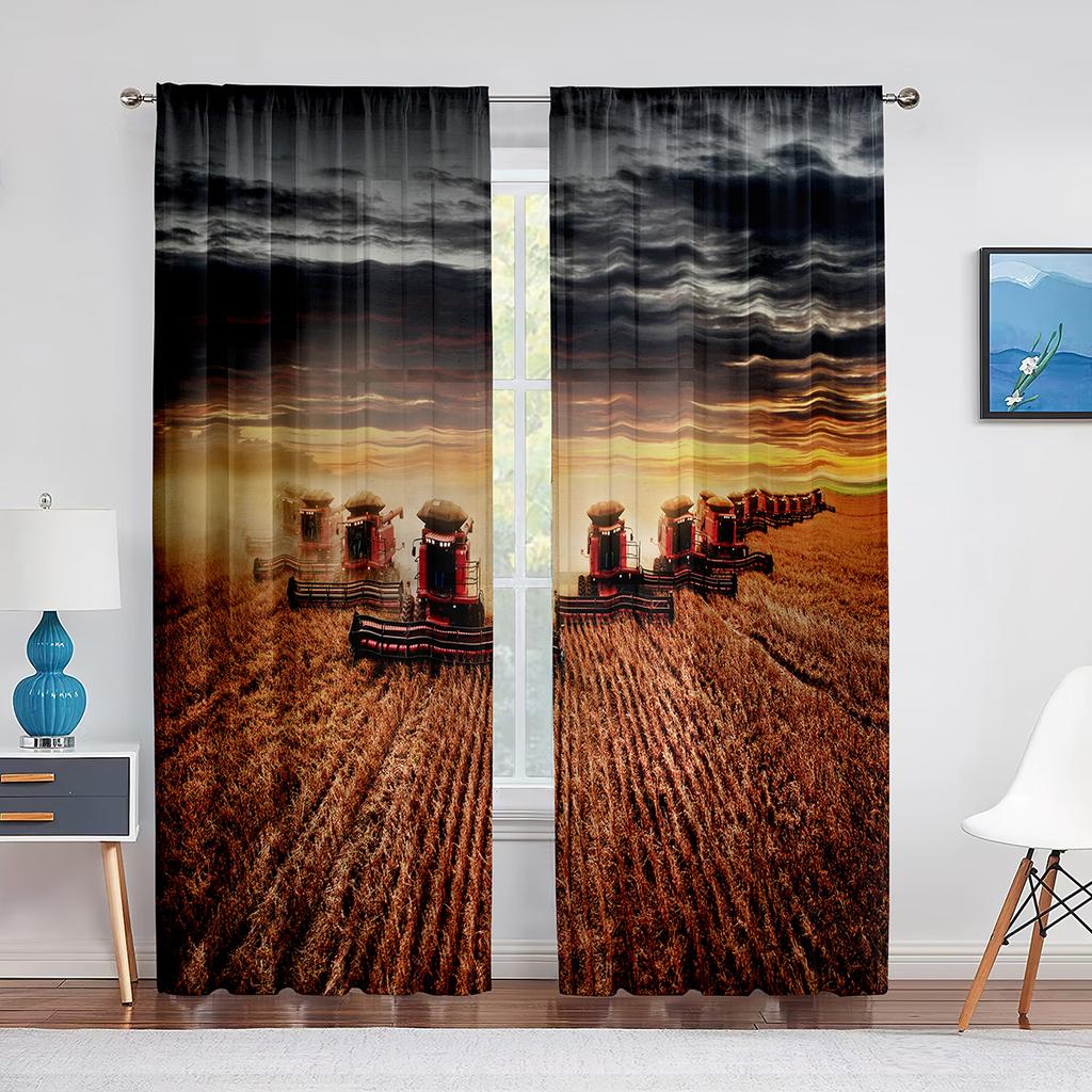 Tractor Harvests Crops Farm Theme Tulle Curtains for Living Room Bedroom Chiffon Voile Curtain Home Decoration Sheer Curtain