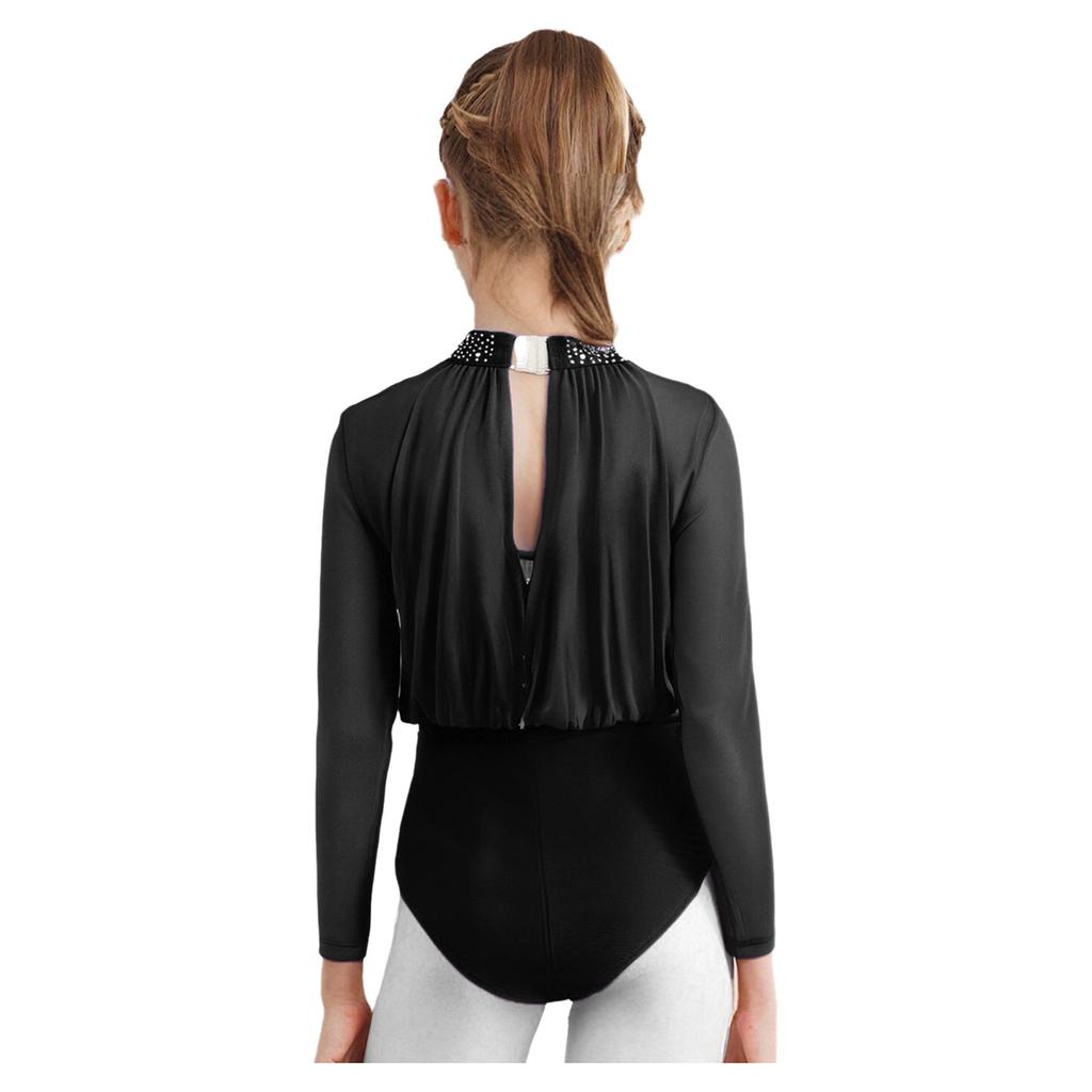 Girls Dance Leotard Long Sleeve Keyhole Back Design Sequins Rhinestones Sheer Mesh Figure Skating Outfit