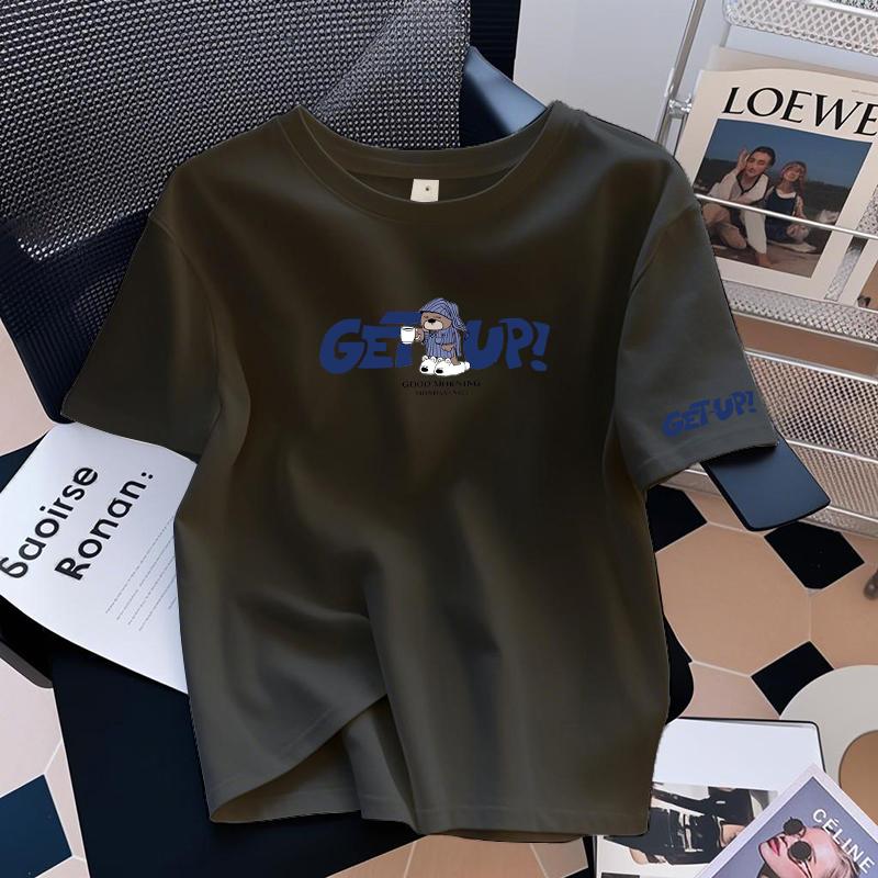 

White cotton design sense front shoulder short-sleeved t-shirt women s 2025 summer apricot loose cartoon printed top XXXL