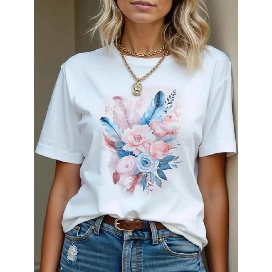 Women Cartoon Printed Short Sleeve O Neck T Shirt Cotton Summer Tees
