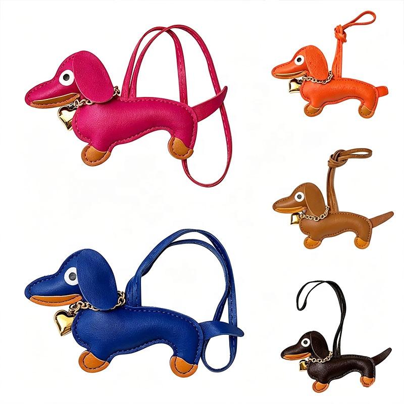 Pu Leather Stuffed Dachshund With Collar of Gold Heart Shape Pendent WIth Long Strap Puppy Pendent for Bag Charms Accessories