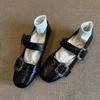 Soft Leather Version~ Shallow Soft Leather Versatile One-word Buckle Flat Mary Jane Shoes Women's Retro Rhinestone Comfortable Low-heeled Single Shoes