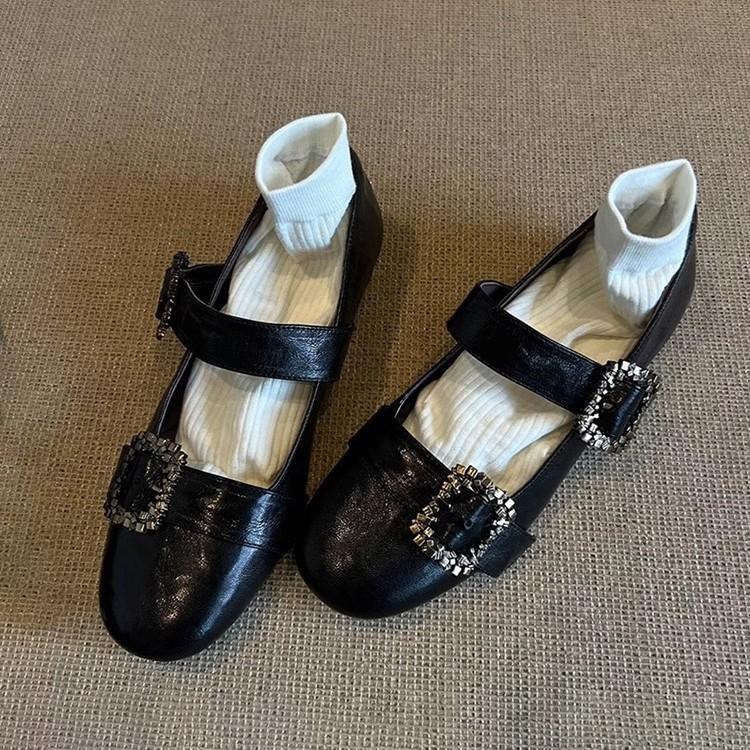Soft leather version~ Shallow soft leather versatile one-word buckle flat Mary Jane shoes women's retro rhinestone comfortable low-heeled single shoes